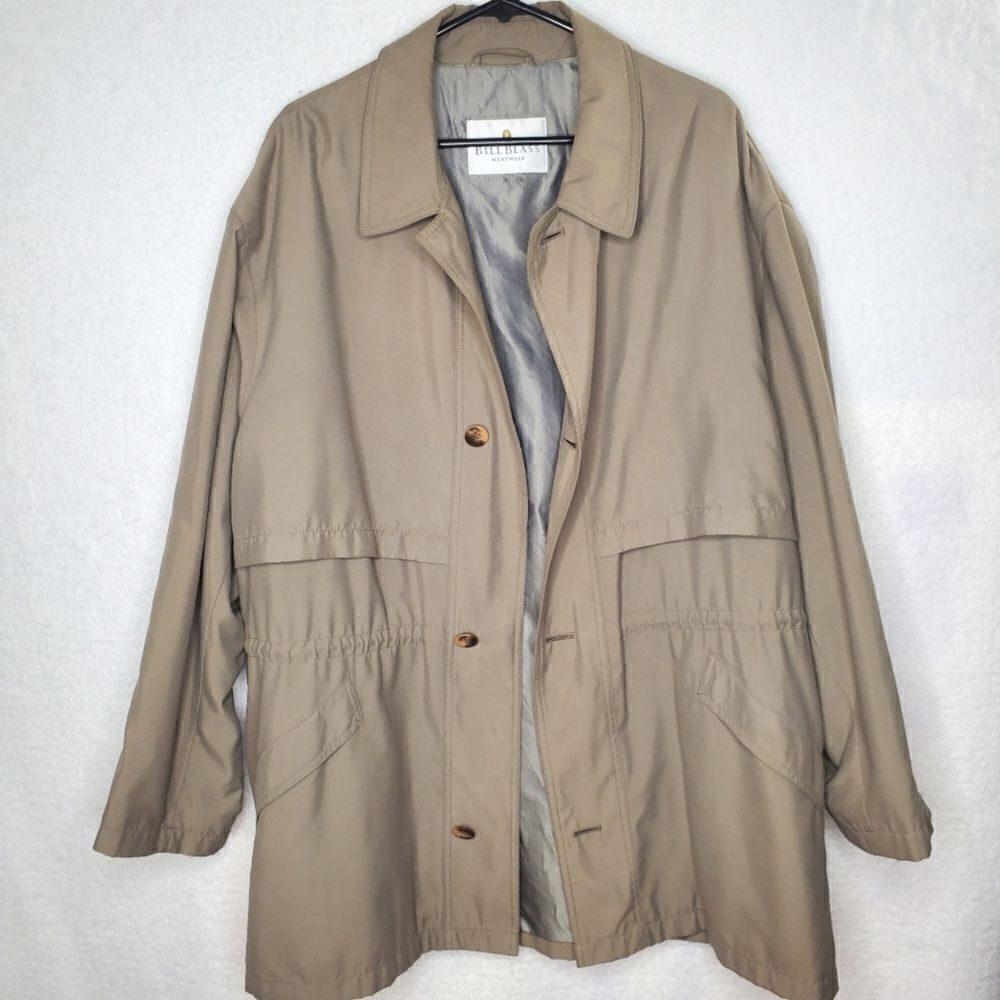 Bill Blass Men's Jacket Coat Trench Beige Khaki Button Up Pockets Microfiber